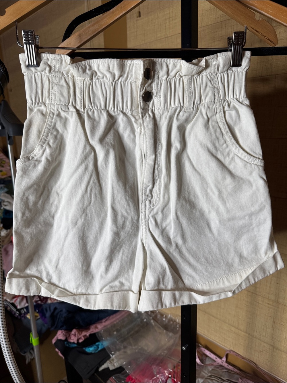 H&M White High Rise Paperbag Shorts Rolled Hem Cotton Size 6 - Picture 3 of 8